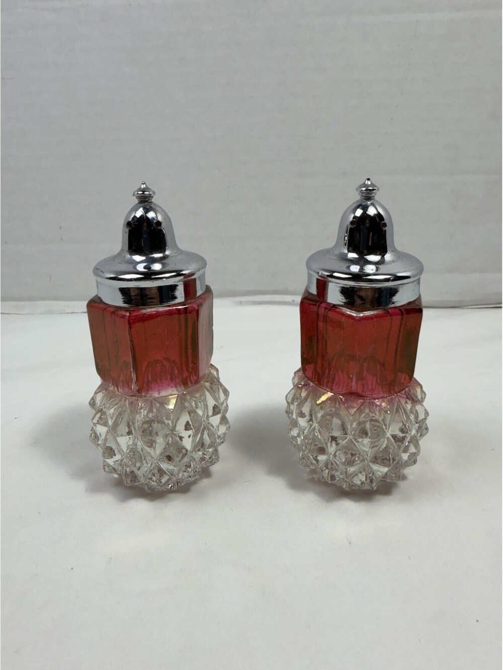 Vintage Indiana Glass Ruby Red Flash Diamond Point Crown Salt Pepper Shakers